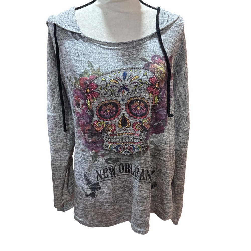 New Orleans Sugar Skull Floral Print‎ Long Sleeve Hoodie Graphic Top Women L